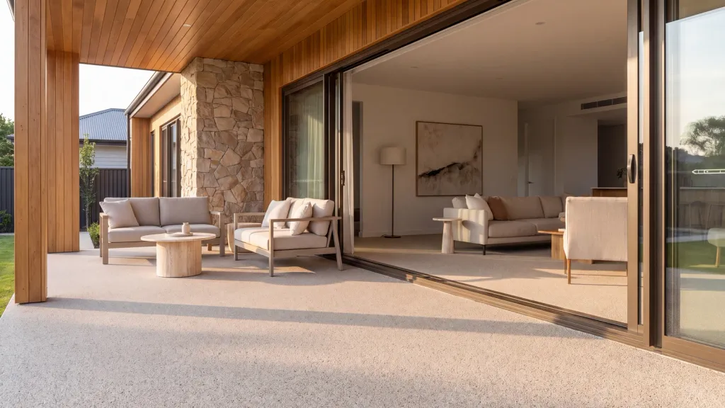 Porche cubierto con stone carpet: pavimento continuo de árido junto al salón exterior
