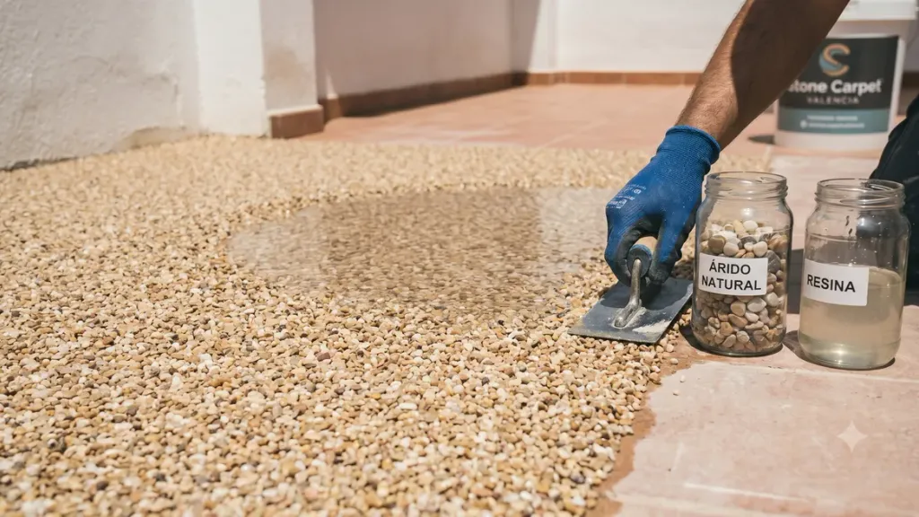 Aplicación de stone carpet con llana: árido natural y resina en el suelo