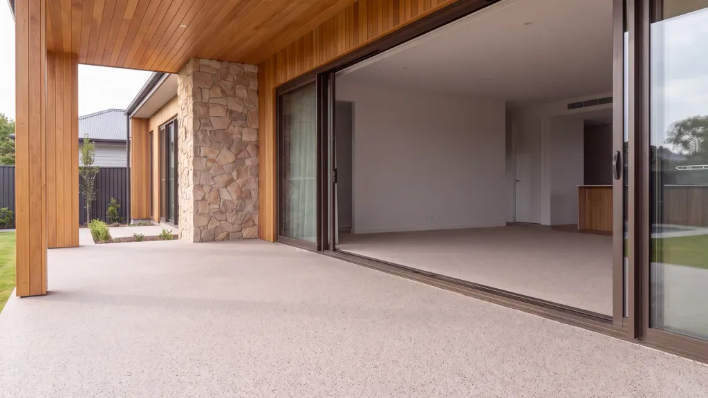 Porche cubierto con stone carpet junto a puertas correderas, pavimento continuo en primer plano