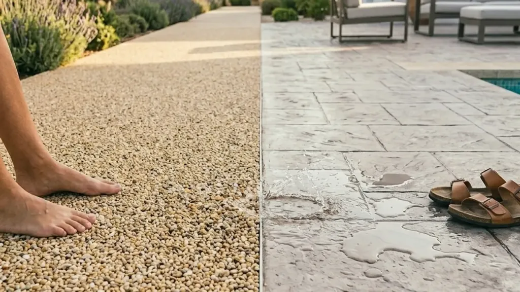 Comparativa lado a lado: stone carpet seco y drenante frente a pavimento impreso con charcos