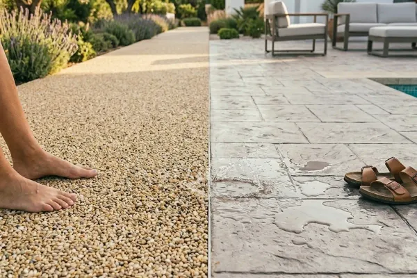 Comparativa lado a lado: stone carpet seco y drenante frente a pavimento impreso con charcos