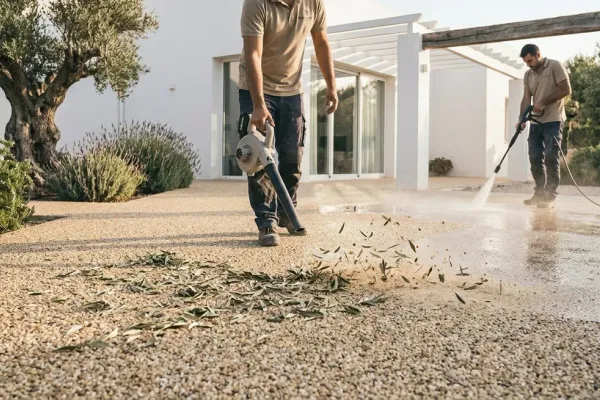Mantenimiento de una terraza de stone carpet: soplado de hojas y aclarado con agua