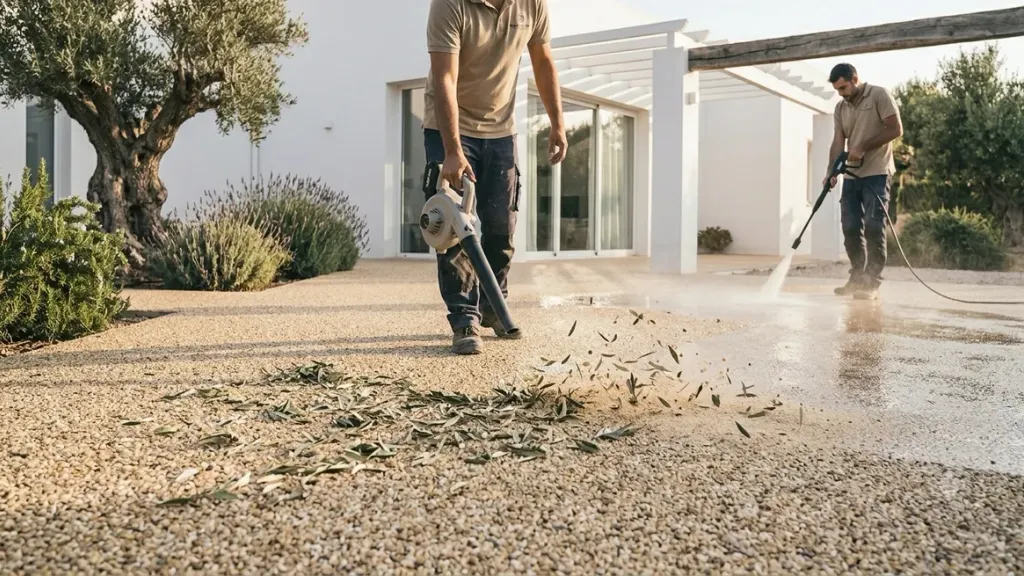 Mantenimiento de una terraza de stone carpet: soplado de hojas y aclarado con agua