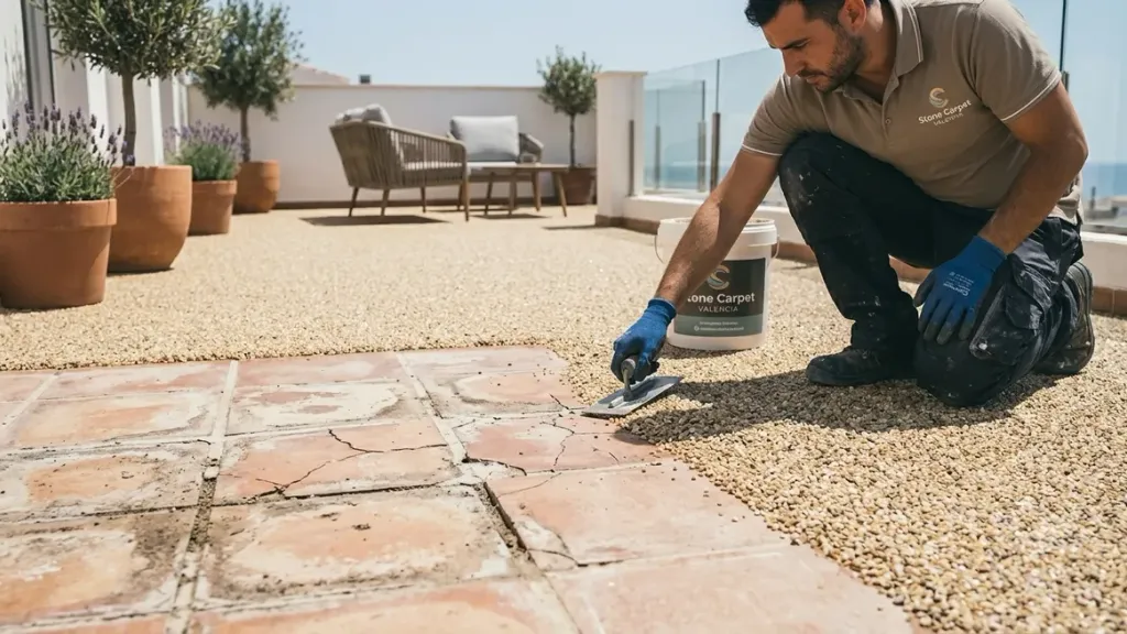 Aplicación de stone carpet sobre baldosa de terraza vieja, sin picar el suelo