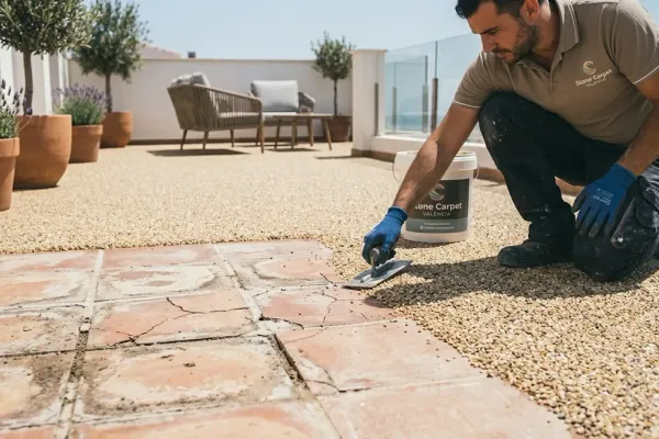 Aplicación de stone carpet sobre baldosa de terraza vieja, sin picar el suelo